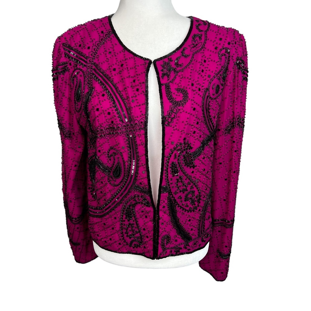 VTG Sean Collection Hot Pink Beaded Cardigan Silk Party Evening Wear Size M-L